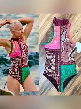 New Free People Agua Bendita Bandana Patchwork One-Piece Swimsuit